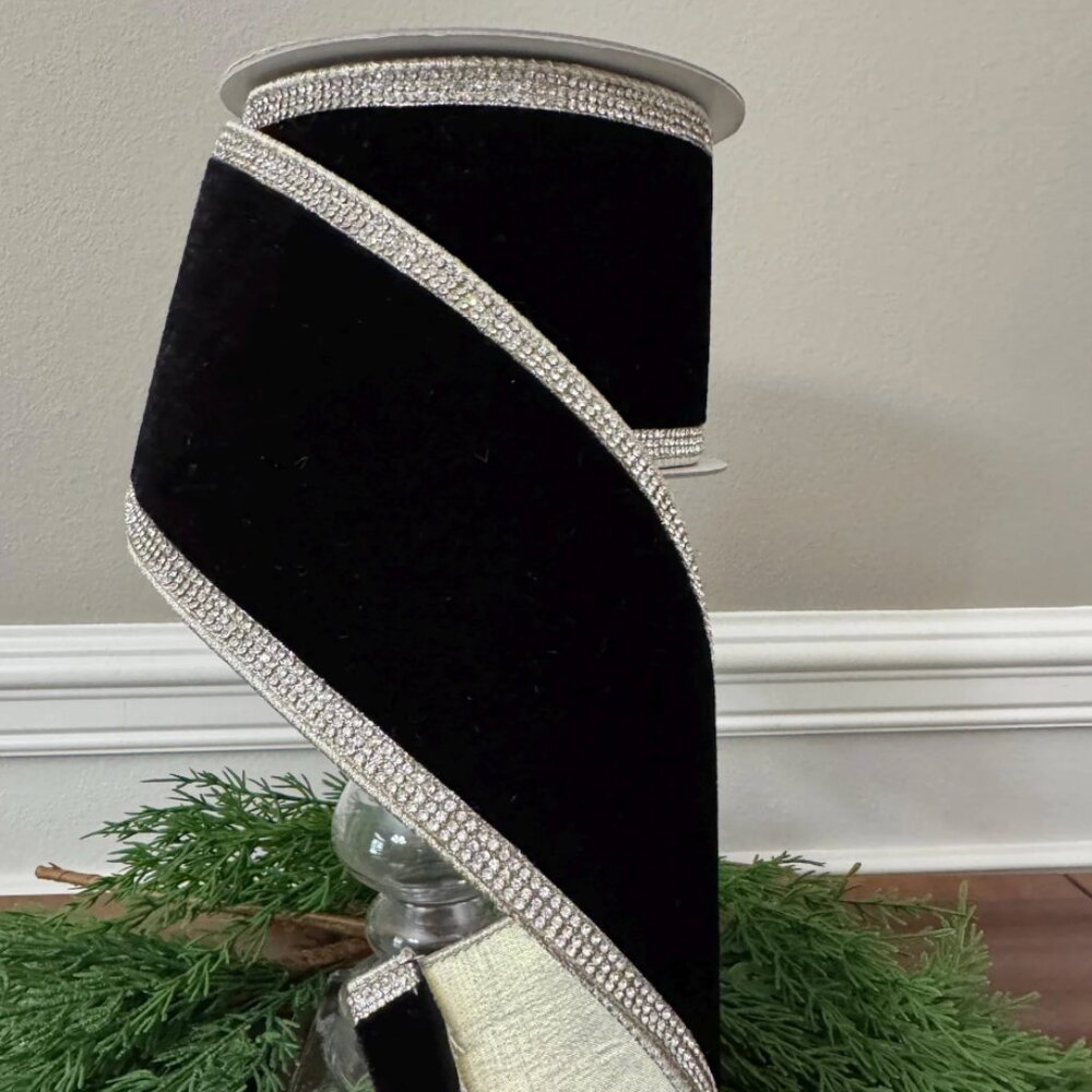 Farrisilk Winter Diamonds Black 4" Velvet Ribbon 2 Rolls Available